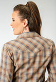Roper Womens Long Sleeve Snap Brown Plaid Western Shirt - Roper
