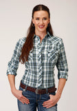 Roper Womens Long Sleeve Snap Olive  Blue And Cream Plaid Western Shirt - Roper