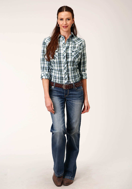 Roper Womens Long Sleeve Snap Olive Blue And Cream Plaid Western Shirt - Roper - Flyclothing LLC
