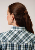 Roper Womens Long Sleeve Snap Olive  Blue And Cream Plaid Western Shirt - Roper
