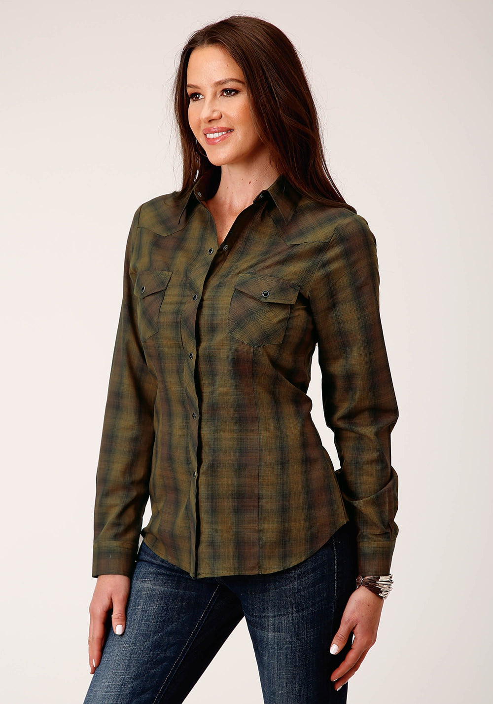 Roper Womens Long Sleeve Snap Black Gold Plaid Western Shirt - Roper