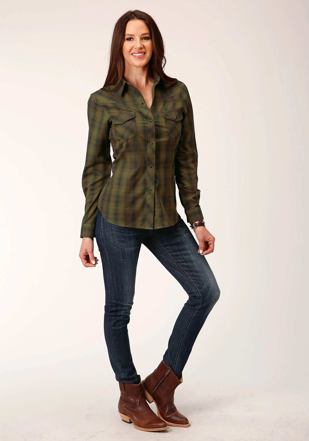 Roper Womens Long Sleeve Snap Black Gold Plaid Western Shirt - Roper - Flyclothing LLC