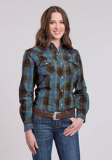Roper Womens Long Sleeve Snap Turquoise Cobalt Chocolate Plaid Western