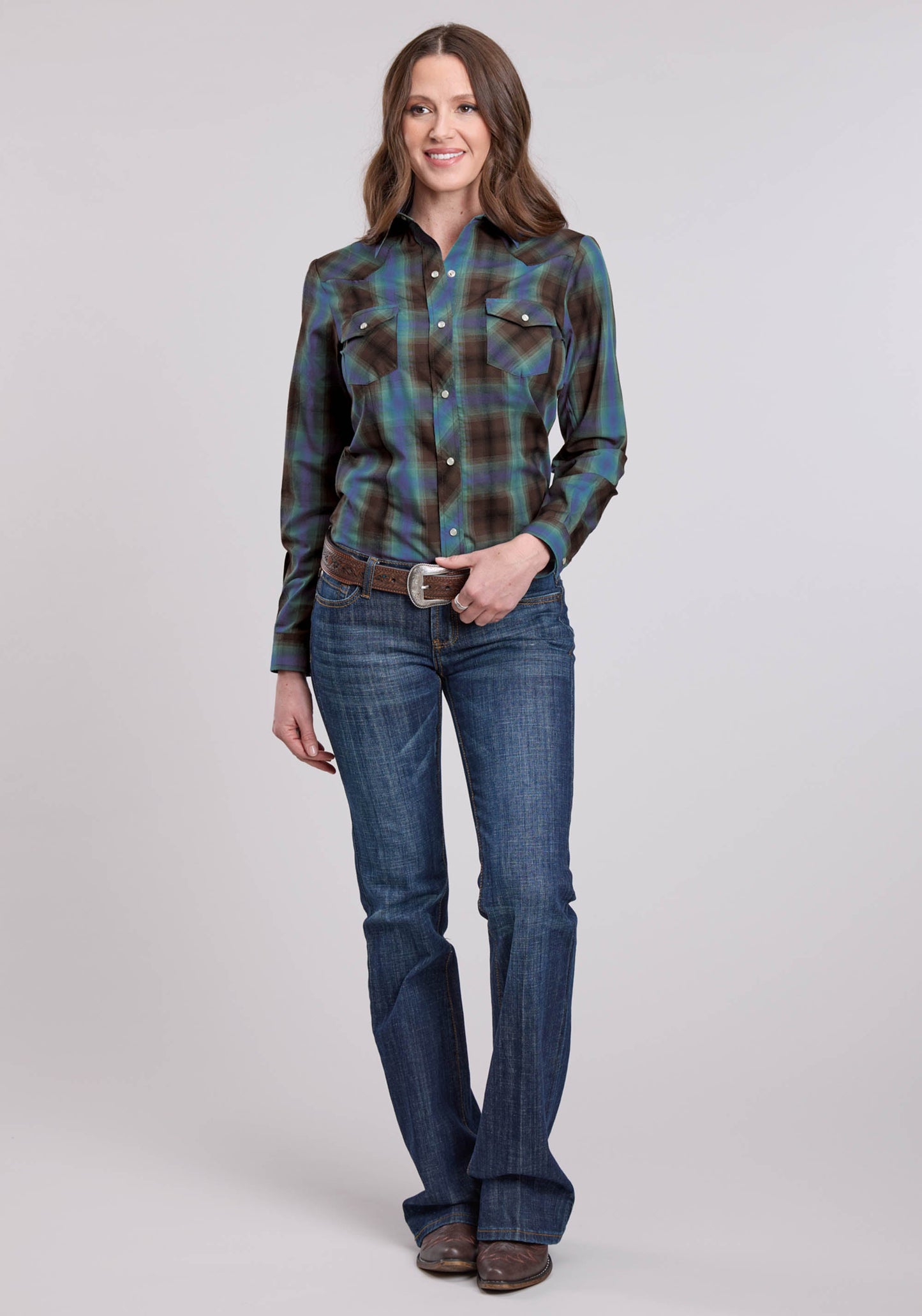 Roper Womens Long Sleeve Snap Turquoise Cobalt Chocolate Plaid Western Shirt