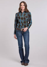 Roper Womens Long Sleeve Snap Turquoise Cobalt Chocolate Plaid Western Shirt
