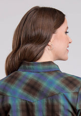 Roper Womens Long Sleeve Snap Turquoise Cobalt Chocolate Plaid Western Shirt