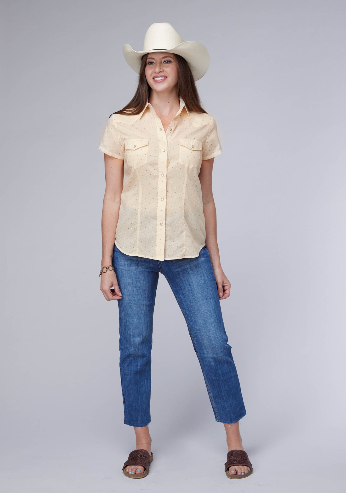 Roper Womens Cream White Diamond Wallpaper Print Short Sleeve Snap Western Shirt