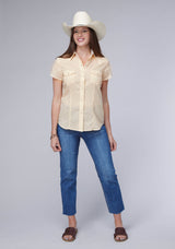 Roper Womens Cream White Diamond Wallpaper Print Short Sleeve Snap Western Shirt