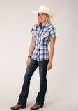 Roper Womens Short Sleeve Snap Mulit Blue White Plaid Western Shirt - Roper