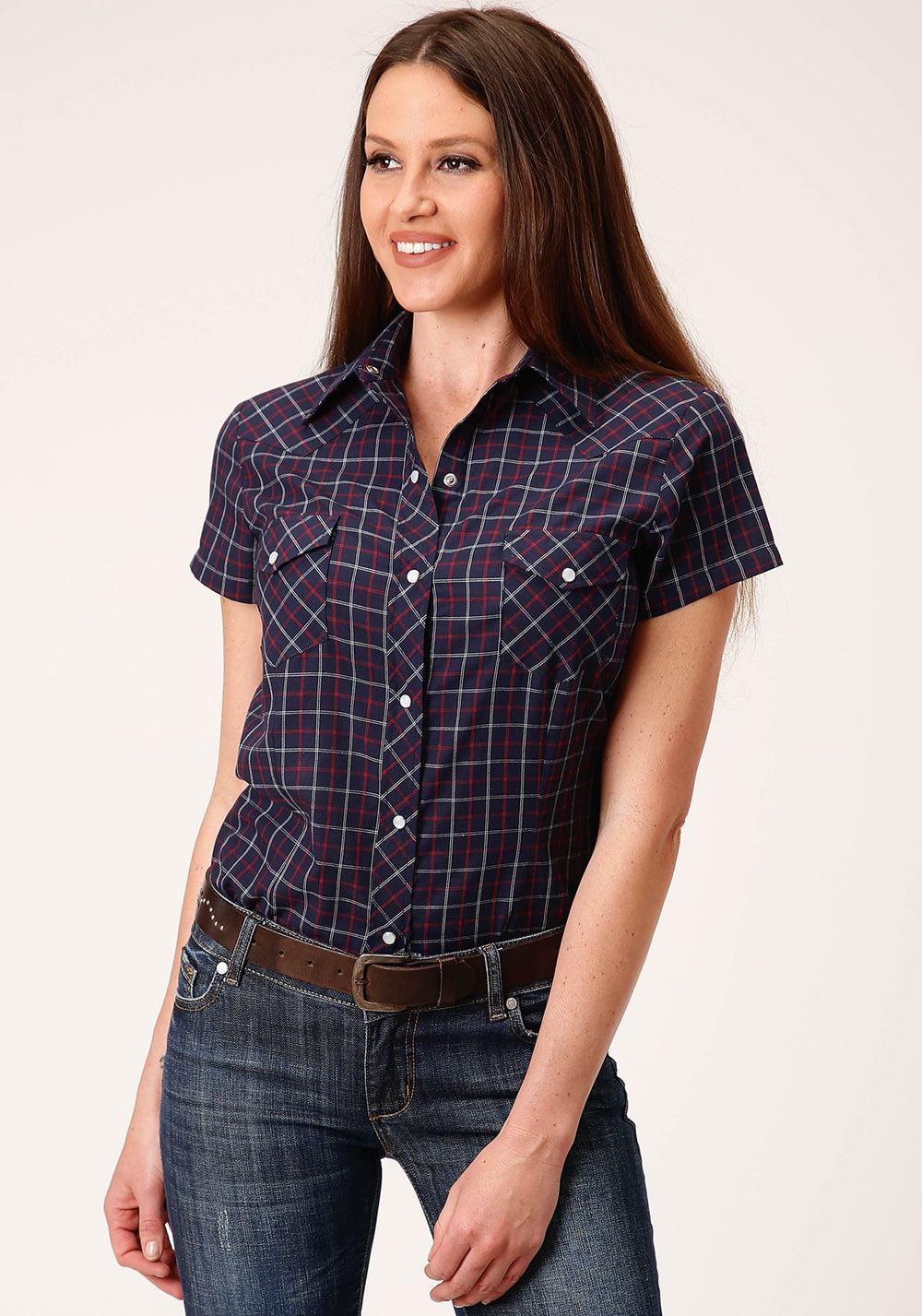 Roper Womens Short Sleeve Snap Navy Red White Windowpane Plaid Western Shirt - Roper