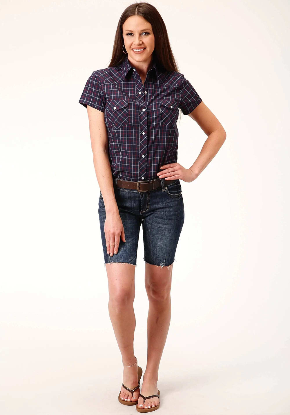 Roper Womens Short Sleeve Snap Navy Red White Windowpane Plaid Western Shirt - Roper - Flyclothing LLC