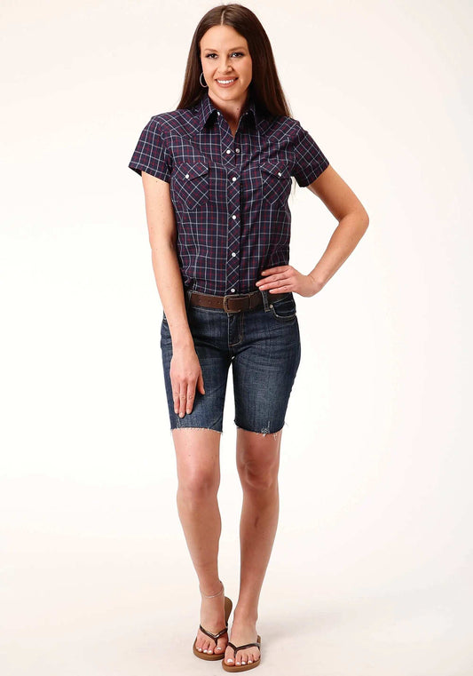 Roper Womens Short Sleeve Snap Navy Red White Windowpane Plaid Western Shirt - Roper - Flyclothing LLC