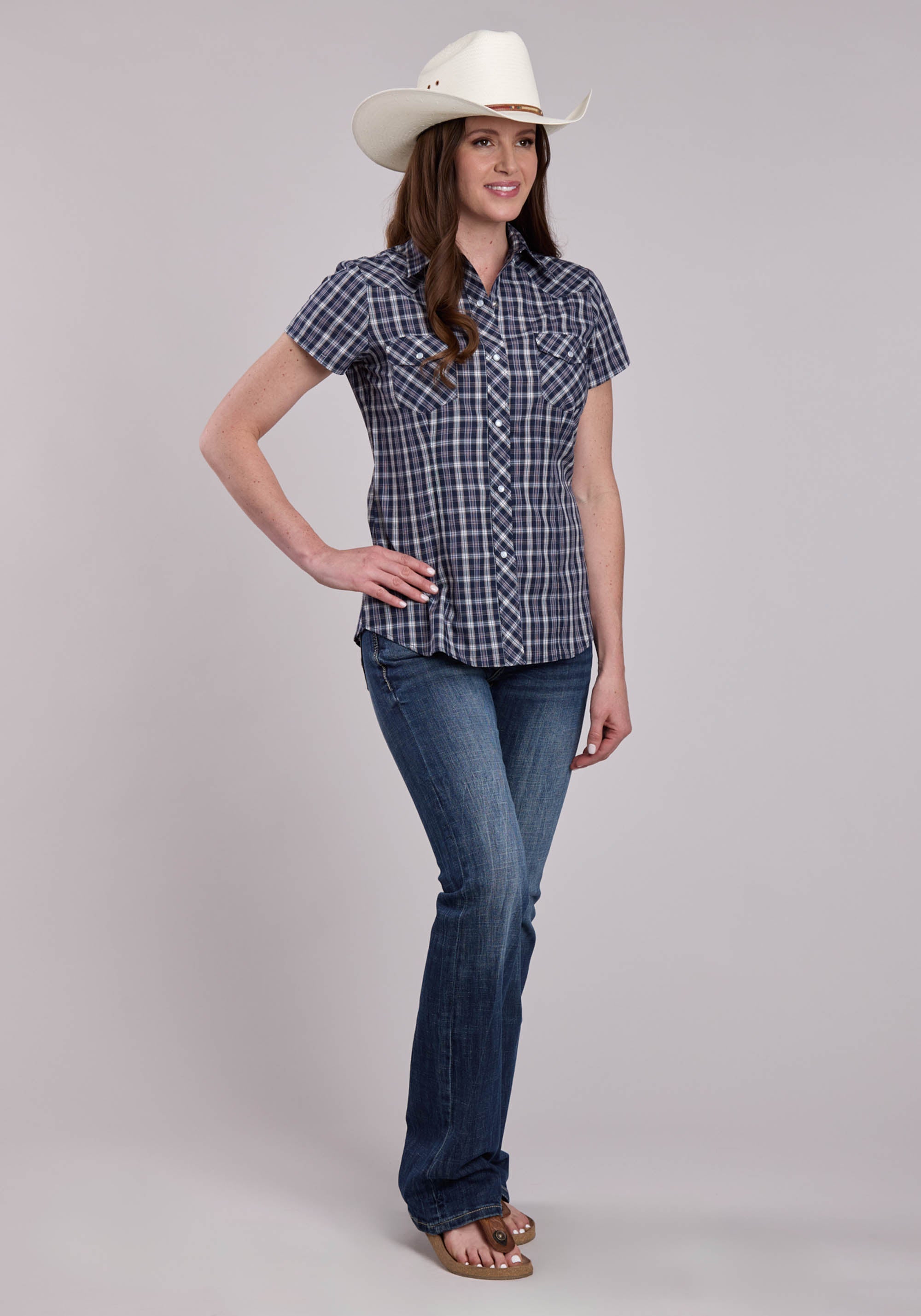 Womens Roper Navy Plaid Short Sleeve Snap Shirt