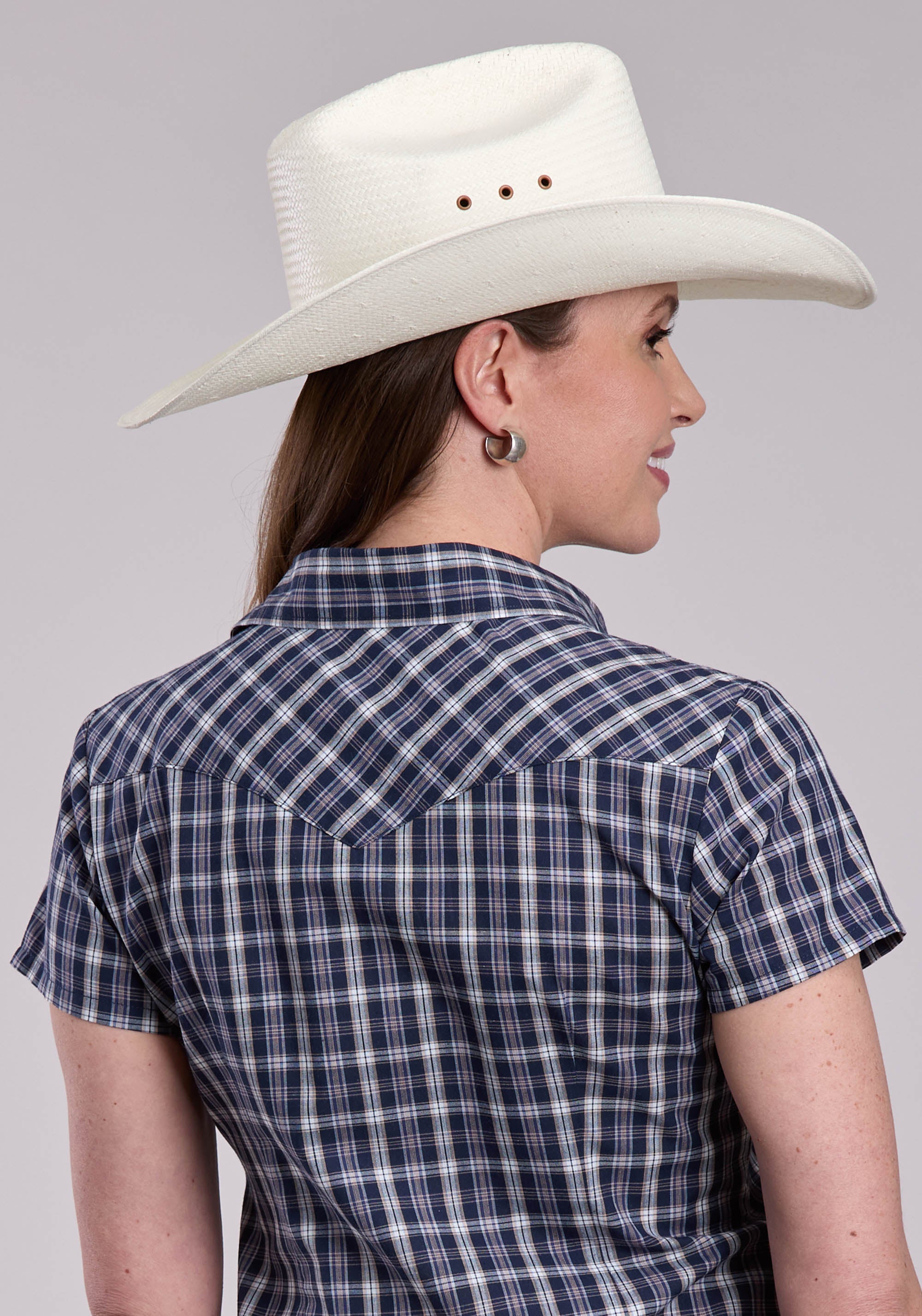 Womens Roper Navy Plaid Short Sleeve Snap Shirt