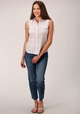 Roper Womens Sleeveless Snap White And Red Floral Print Western Shirt - Roper - Flyclothing LLC