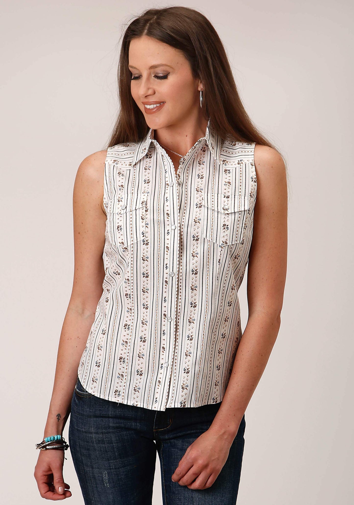 Roper Womens Sleeveless Snap Brown And Blue Wallpaper Stripe Western Shirt - Roper - Flyclothing LLC