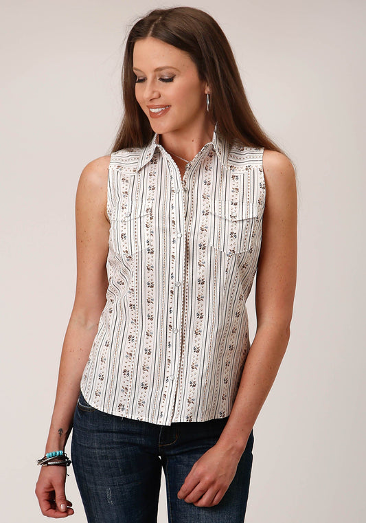 Roper Womens Sleeveless Snap Brown And Blue Wallpaper Stripe Western Shirt - Roper