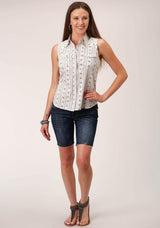 Roper Womens Sleeveless Snap Brown And Blue Wallpaper Stripe Western Shirt - Roper - Flyclothing LLC