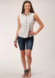 Roper Womens Sleeveless Snap Brown And Blue Wallpaper Stripe Western Shirt - Roper