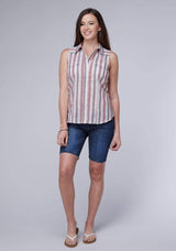 Roper Womens White Blue Coral Stiripe Sleeveless Snap Western Shirt - Roper - Flyclothing LLC