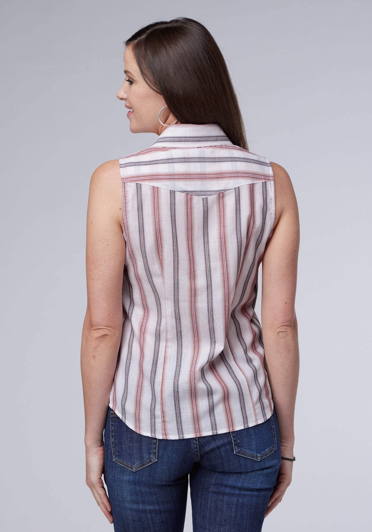 Roper Womens White Blue Coral Stiripe Sleeveless Snap Western Shirt - Roper - Flyclothing LLC