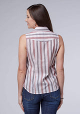 Roper Womens White Blue Coral Stiripe Sleeveless Snap Western Shirt - Roper - Flyclothing LLC