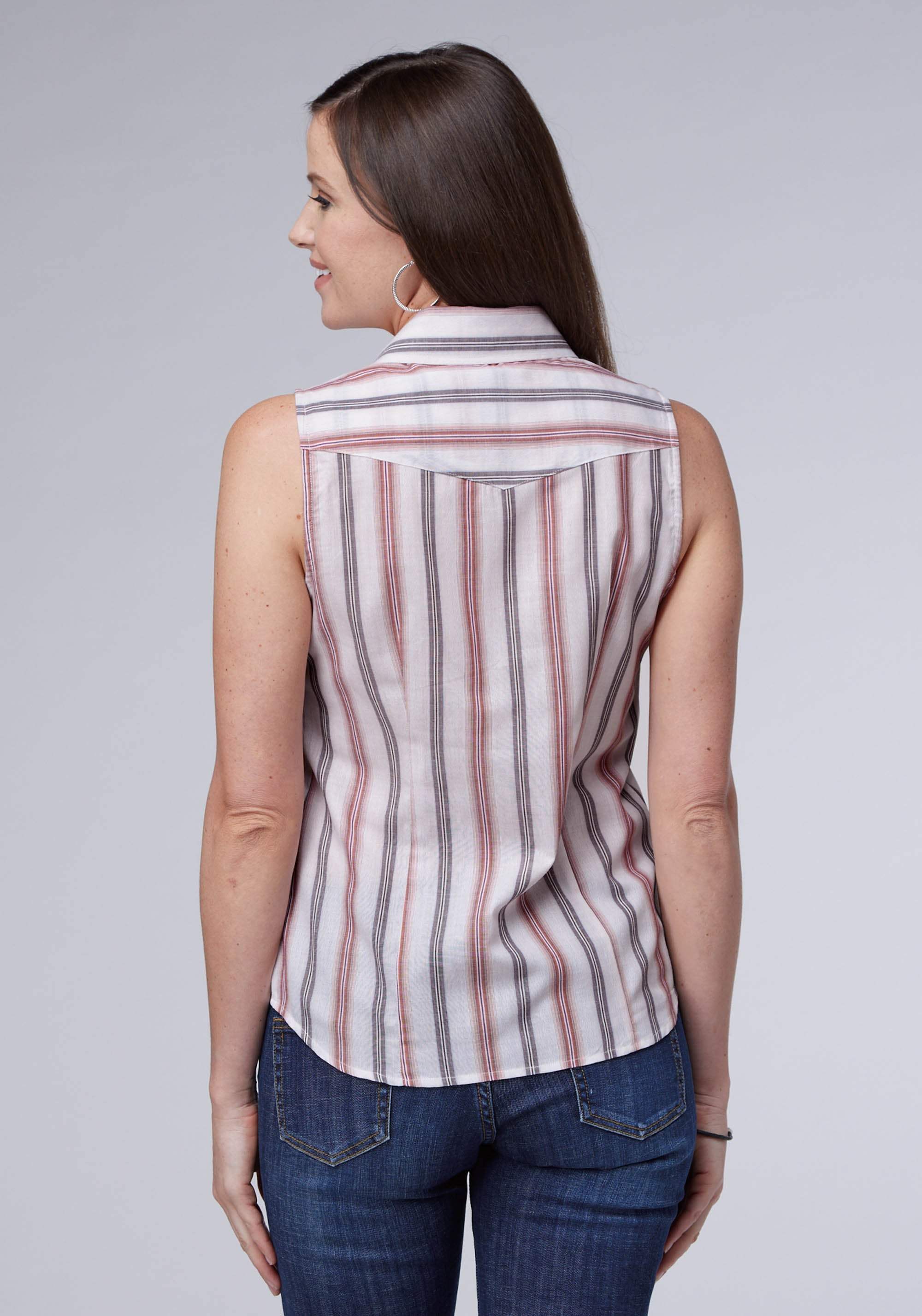 Roper Womens White Blue Coral Stiripe Sleeveless Snap Western Shirt - Roper - Flyclothing LLC