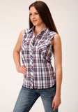 Roper Womens Sleeveless Snap Wine  Navy  White Plaid Western Shirt - Roper