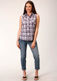 Roper Womens Sleeveless Snap Wine  Navy  White Plaid Western Shirt - Roper