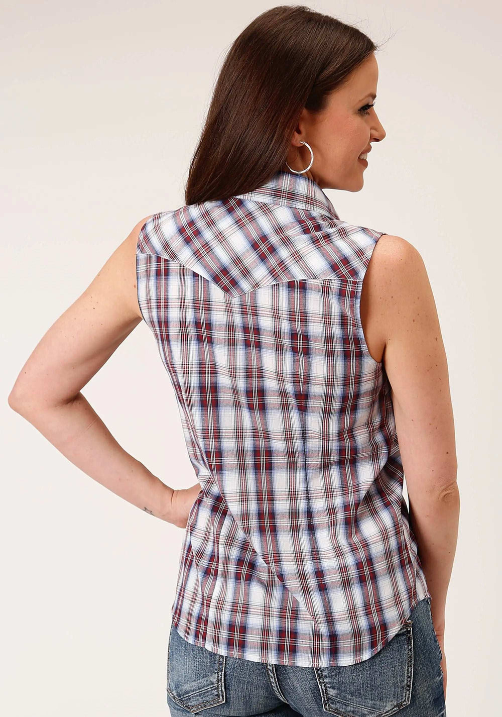 Roper Womens Sleeveless Snap Wine Navy White Plaid Western Shirt - Roper - Flyclothing LLC