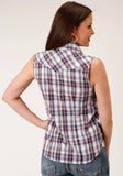 Roper Womens Sleeveless Snap Wine  Navy  White Plaid Western Shirt - Roper