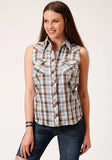 Roper Womens Sleeveless Snap Brown  Blue And White Plaid Western Shirt - Roper