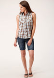 Roper Womens Sleeveless Snap Brown  Blue And White Plaid Western Shirt - Roper