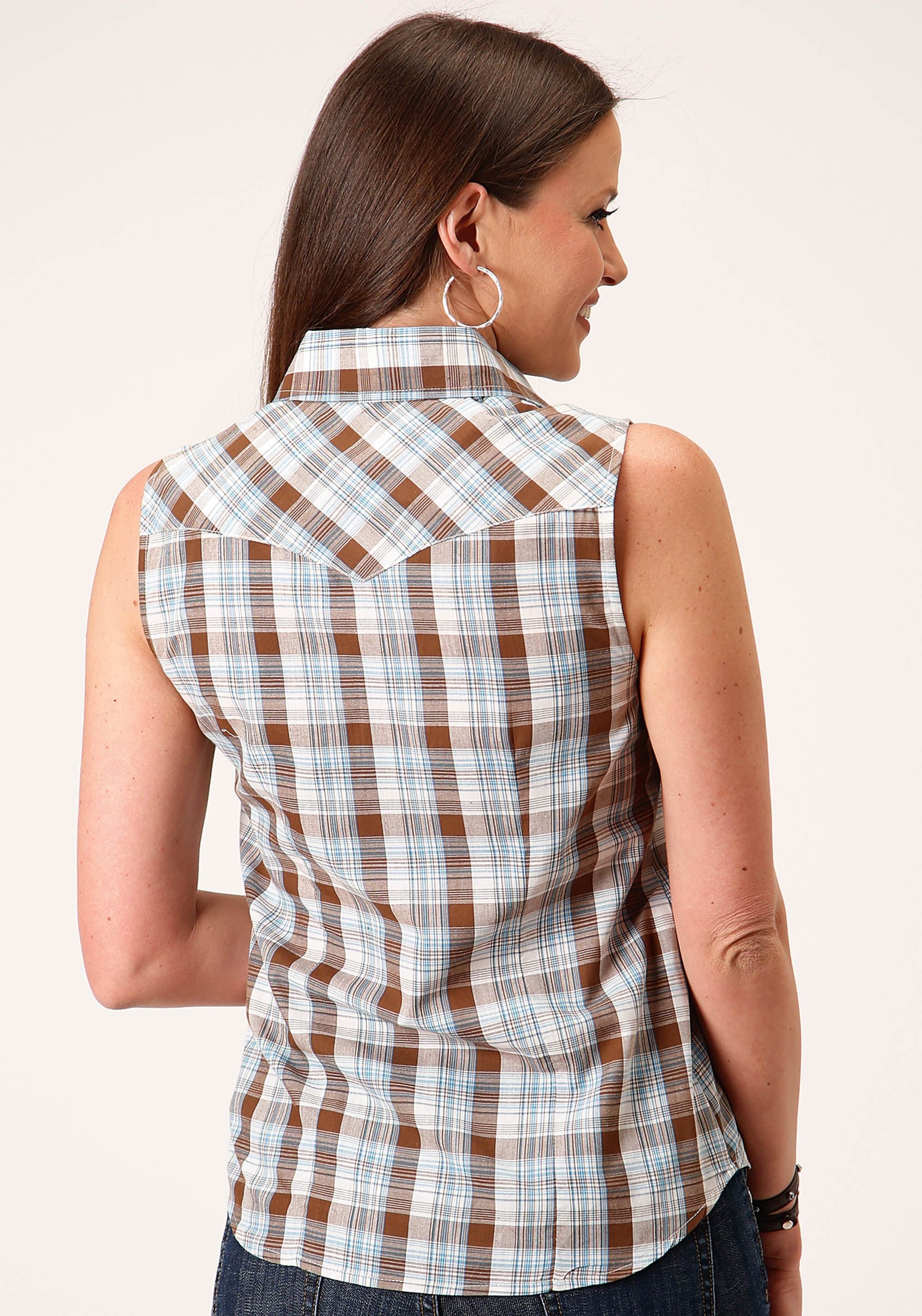 Roper Womens Sleeveless Snap Brown  Blue And White Plaid Western Shirt - Roper