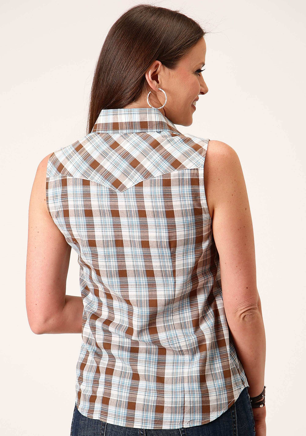 Roper Womens Sleeveless Snap Brown Blue And White Plaid Western Shirt - Roper - Flyclothing LLC