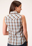 Roper Womens Sleeveless Snap Brown  Blue And White Plaid Western Shirt - Roper
