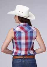 Roper Womens Red And White Plaid With Lurex Sleeveless Snap Western Shirt - Roper - Flyclothing LLC