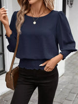 Smocked Waist Round Neck Blouse - Trendsi - Flyclothing LLC