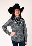 Roper Girls Long Sleeve Snap Black White Floral Print Western Shirt With Piping And Applique On Yokes - Roper