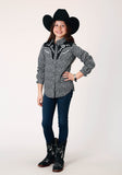 Roper Girls Long Sleeve Snap Black White Floral Print Western Shirt With Piping And Applique On Yokes - Roper
