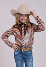 Roper Girls Long Sleeve Snap Brown And Cream Plaid Western Shirt - Roper - Flyclothing LLC