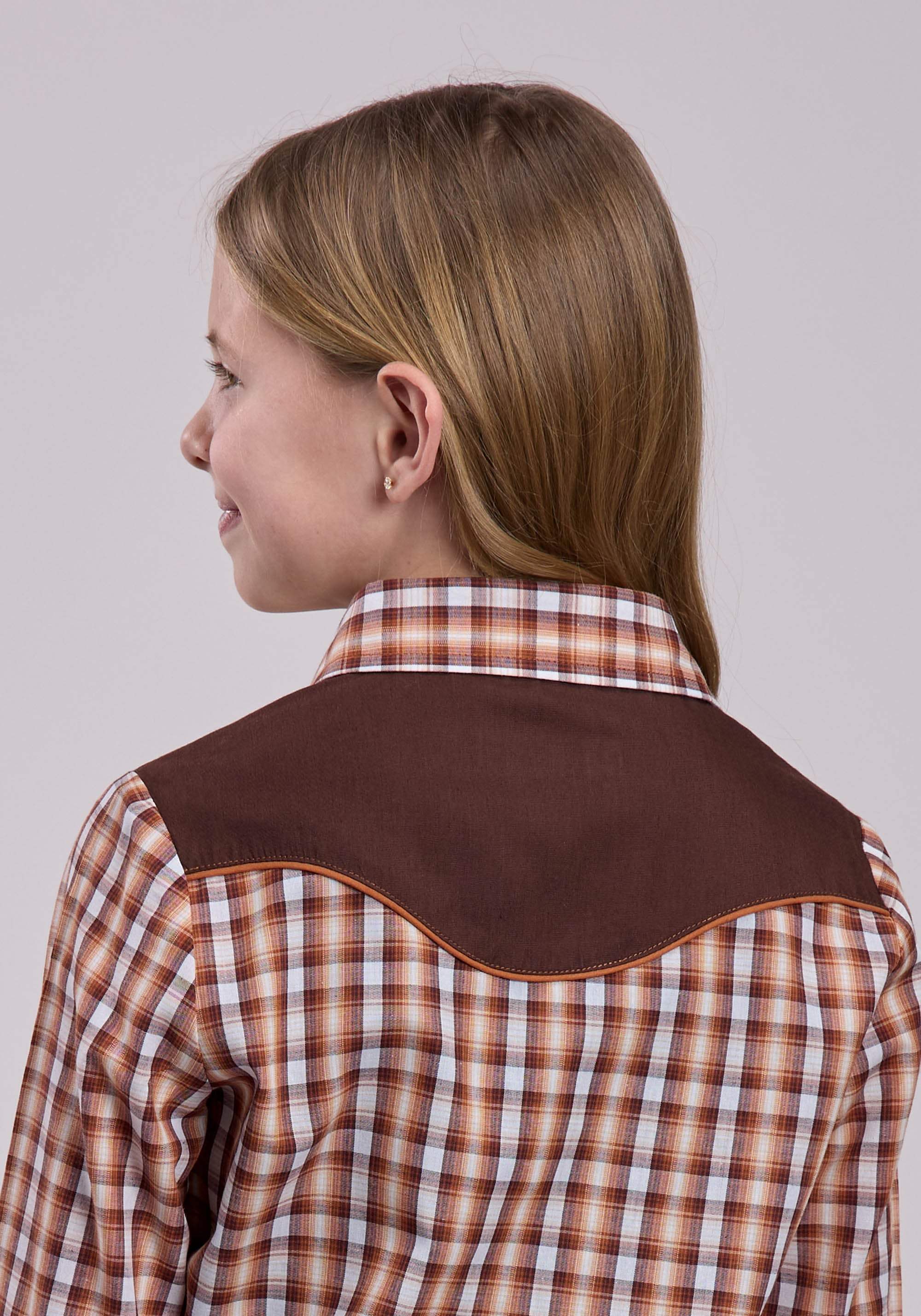 Roper Girls Long Sleeve Snap Brown And Cream Plaid Western Shirt - Roper - Flyclothing LLC
