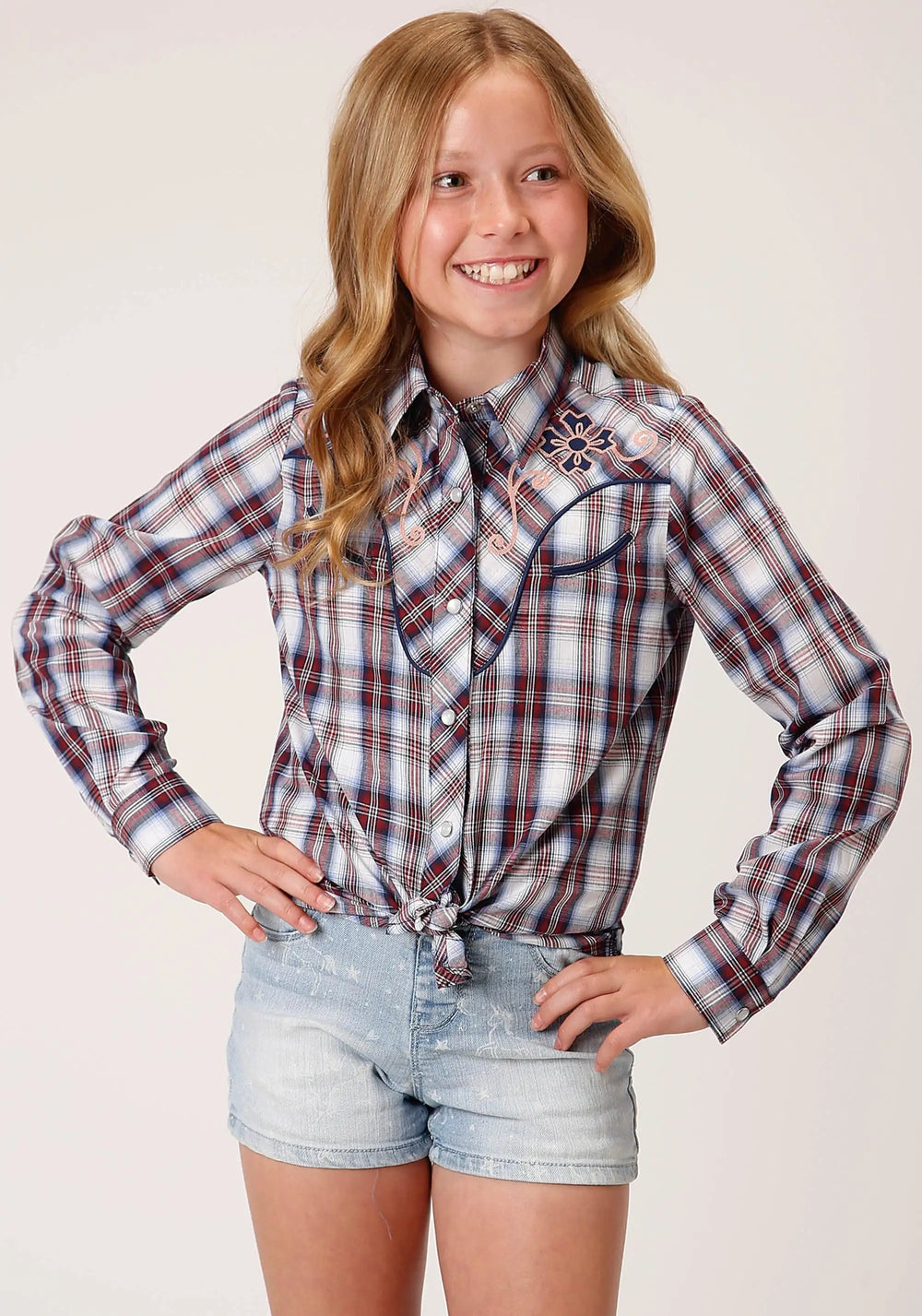 Roper Girls Long Sleeve Snap Wine Navy And White Plaid Western Shirt With Piping Contrast Yokes And Applique - Roper
