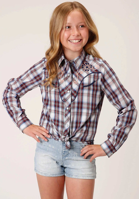 Roper Girls Long Sleeve Snap Wine Navy And White Plaid Western Shirt With Piping Contrast Yokes And Applique - Roper - Flyclothing LLC