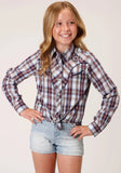 Roper Girls Long Sleeve Snap Wine Navy And White Plaid Western Shirt With Piping Contrast Yokes And Applique - Roper