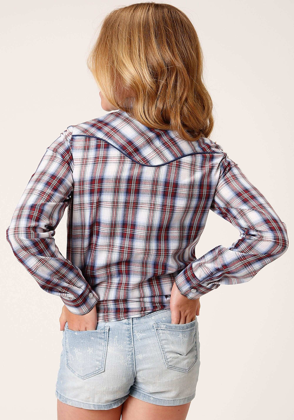 Roper Girls Long Sleeve Snap Wine Navy And White Plaid Western Shirt With Piping Contrast Yokes And Applique - Roper - Flyclothing LLC