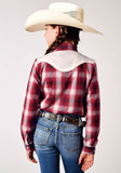 Roper Girls Long Sleeve Snap Red Plaid Western Shirt With Fancy Curved Yokes Applique On Front Yoke - Roper