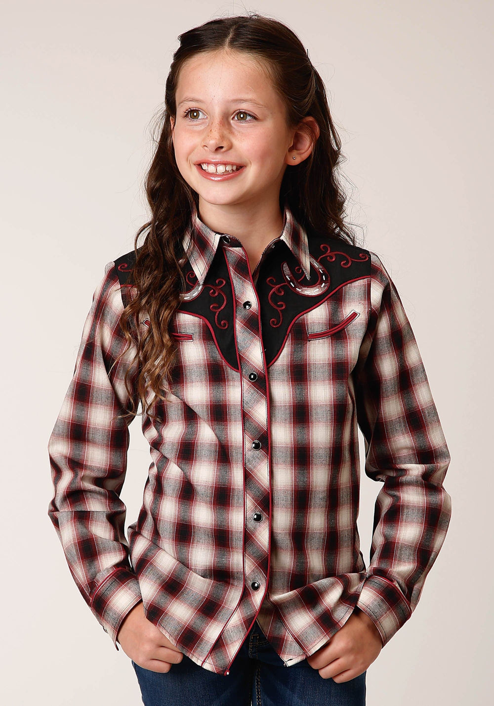 Roper Girls Long Sleeve Snap Wine Black Cream Plaid Western Shirt With Piping And Applique On Yokes - Roper