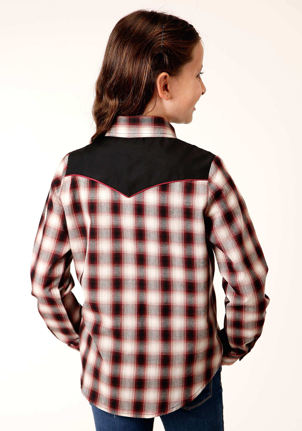 Roper Girls Long Sleeve Snap Wine Black Cream Plaid Western Shirt With Piping And Applique On Yokes - Roper - Flyclothing LLC