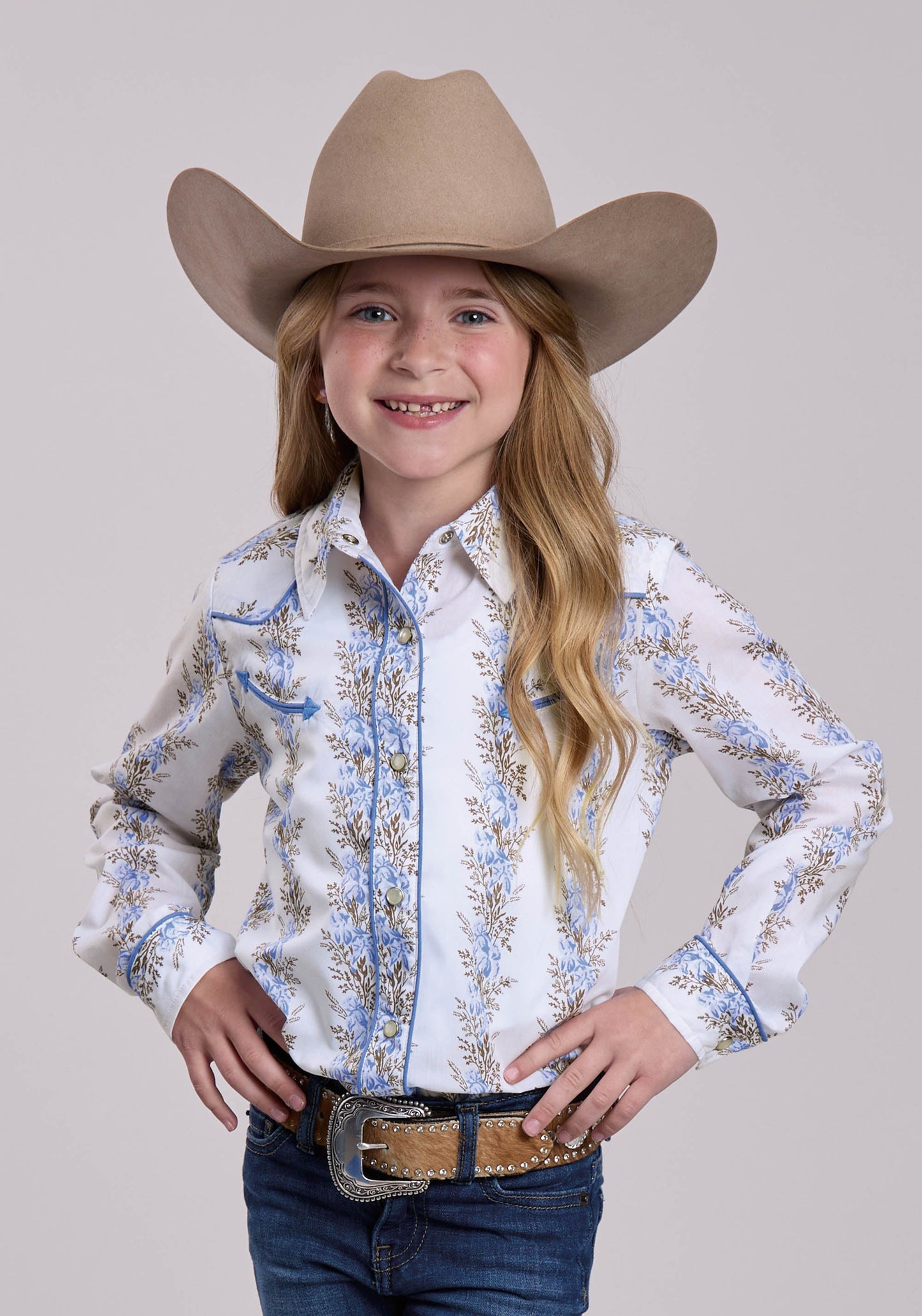 Girls Roper Floral Stripe Long Sleeve Snap Shirt